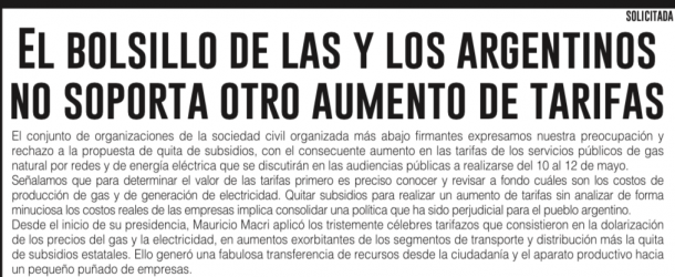 En una solicitada advierten que el bolsillo “no soporta otro aumento de tarifas” como el que se discutirá en las audiencias públicas convocadas para el martes próximo